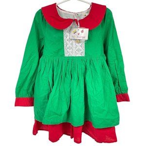 Bug A Boutique NWT Christmas Dress Green Red Collar Lace Eyelet Button LS 6 NWT